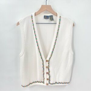 Liz sport Vintage White Knit Sweater Vest with Colorful Beaded Trim‎ Medium